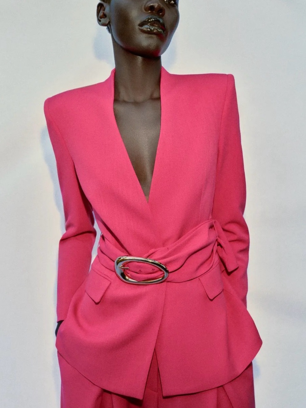 Zara Pink Shoulder Pad Blazer with Gold Buckle Belt BNWT